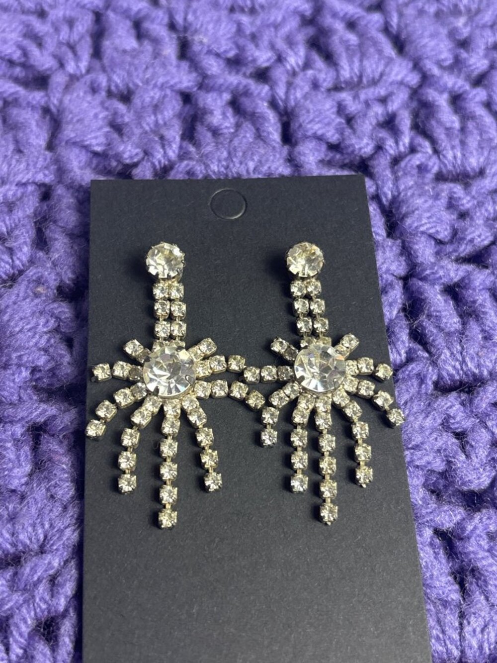 Vintage Clear Rhinestone Starburst Dangle Earrings Silvertone 1.75 inches